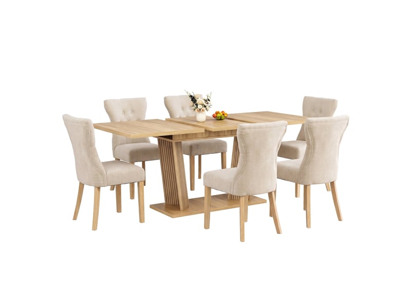 Ensemble table et 6 chaises de salle à manger – table extensible aspect bois massif brun naturel + chaises rembourrées beige en tissu chenille - Conforama A