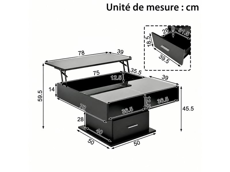  Table basse relevable avec rangement et led, 78 x 78 cm, noire  - Conforama C