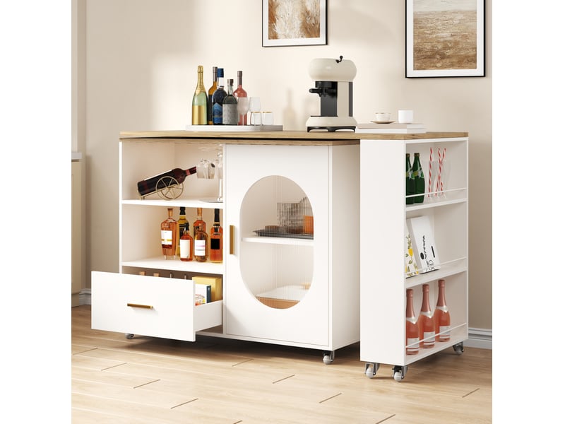  Îlot de cuisine 120x60x90 cm extensible avec 1 porte et 1 tiroir, plateau pivotant, élégant, en mdf, naturel et blanc  - Conforama D