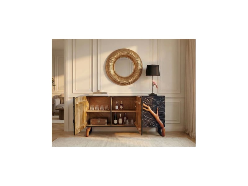  Buffet amazia 160 cm 3 portes – bois de manguier noir et marron – façades sculptées  - Conforama E