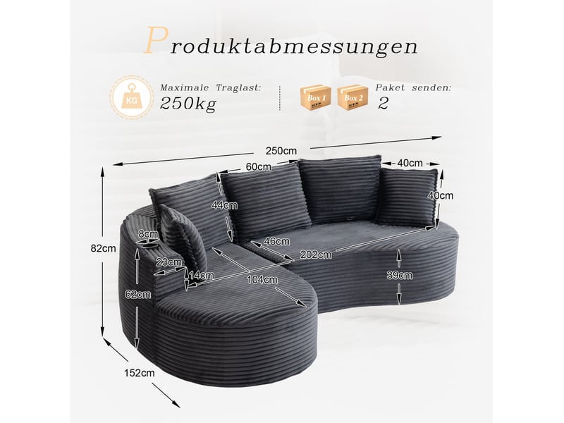  Canapé bogesofa 3 places 250x152x82 cm avec coussin, porte-gobelets et poche latérale, gris foncé  - Conforama C