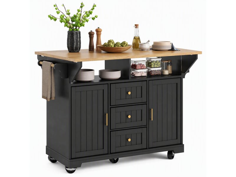  Desserte de cuisine 120x40x95 cm noire en mdf et métal, plateau rabattable et rangement sur roulettes  - Conforama A