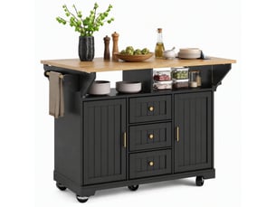 Desserte de cuisine 120x40x95 cm noire en mdf et métal, plateau rabattable et rangement sur roulettes