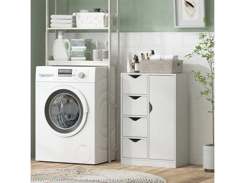  Meuble de salle de bain à 4 tiroirs, étagère à 2 niveaux et poignées encastrées, bois, 54 x 29 x 83 cm, blanc  - Conforama D