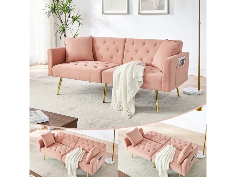 Canapé 2 places, canapé de salon, en velours, rose, dossier réglable 3 positions, 2 coussins inclus, design moderne, pieds en métal - Conforama C