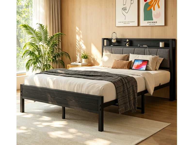  Lit simple en métal 90x200 cm avec rangement noir pour chambre  - Conforama B
