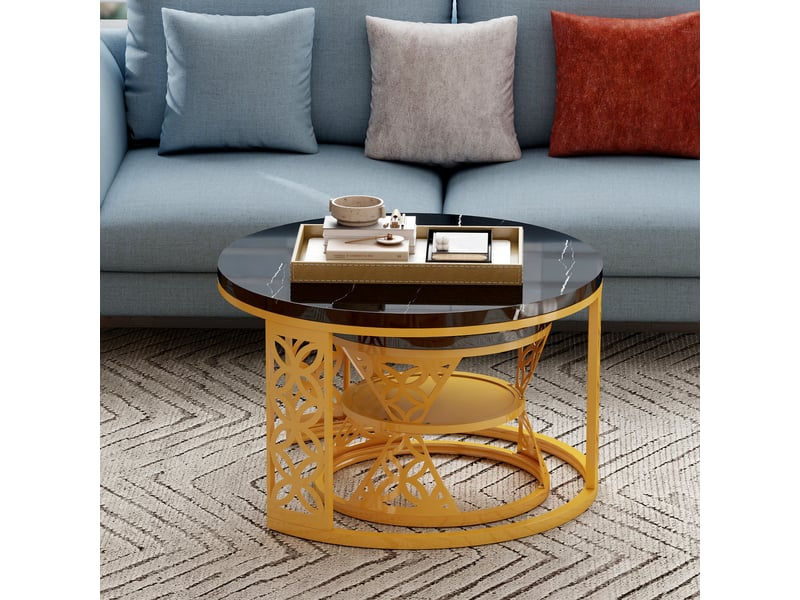  Table basse gigogne ronde 70x70x4545x45x37 cm, coloris noir et doré  - Conforama E