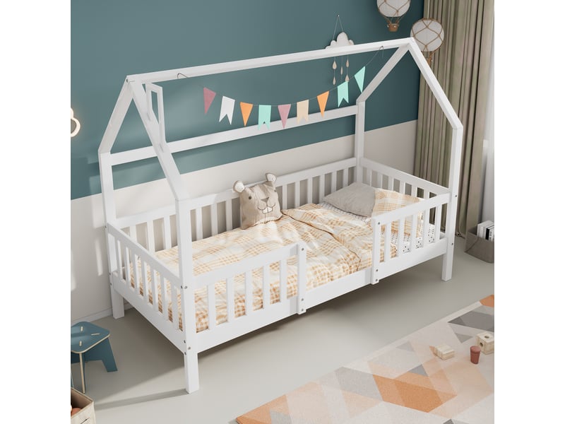  Lit cabane enfant 90x200 en bois, lit maison avec cheminée et barrière, sommier inclus, blanc classique pour garçons et filles  - Conforama D