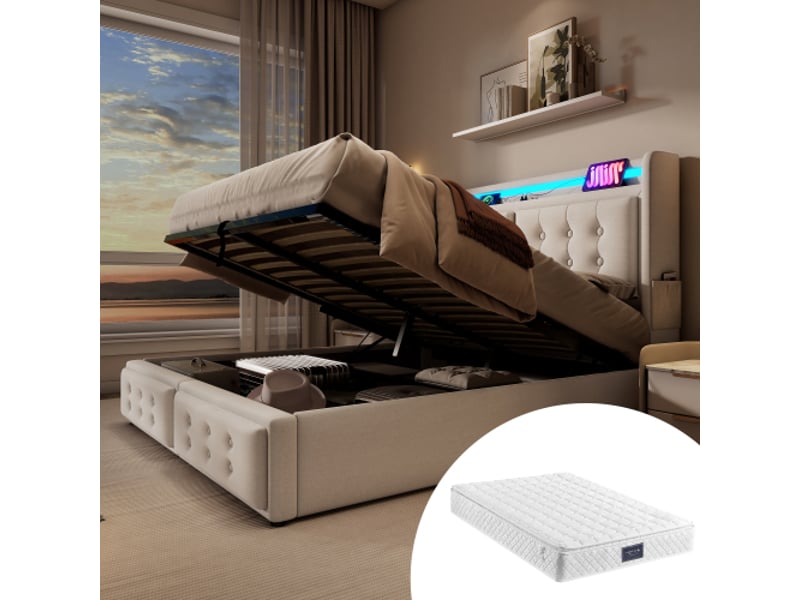  Lit coffre 160x200 cm, tête de lit de rangement et coffre, en tissu, beige, matelas inclus, avec lattes  - Conforama B