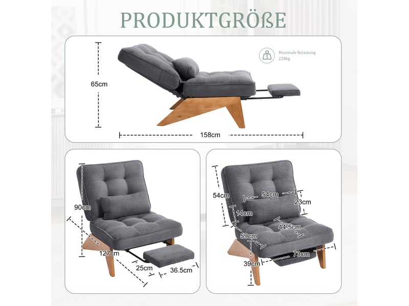  Fauteuil relaxant en velours côtelé gris foncé avec repose-pieds, dossier réglable, coussin lombaire et pieds en bois  - Conforama E