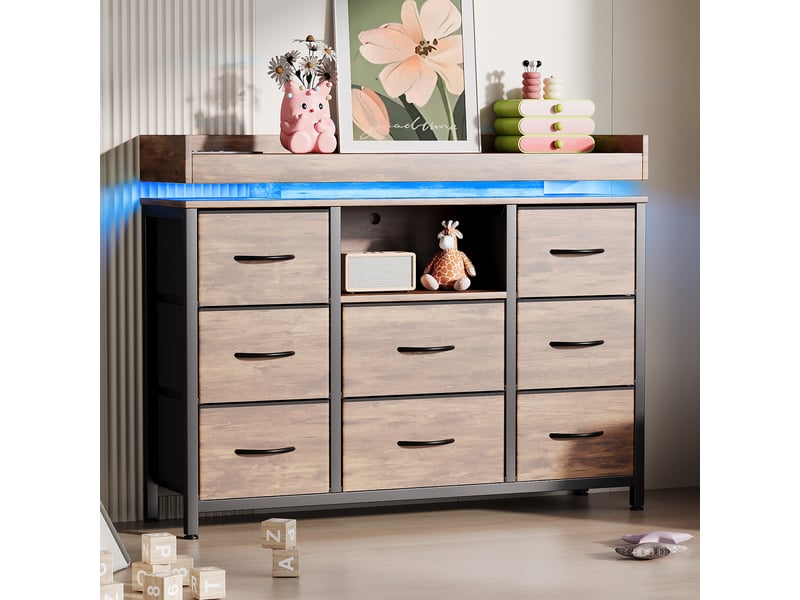  Commode avec 8 tiroirs en tissu,armoire avec led et station de recharge,cadre en métal,100x30x82cm,marron,style moderne  - Conforama B
