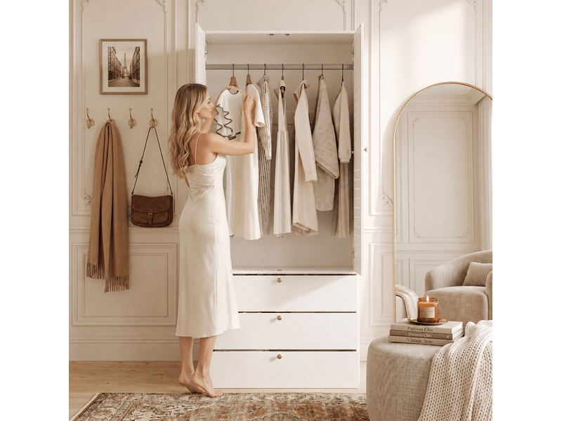  Armoire 2 portes 90x50x200 cm avec 3 tiroirs et penderie blanc  - Conforama B