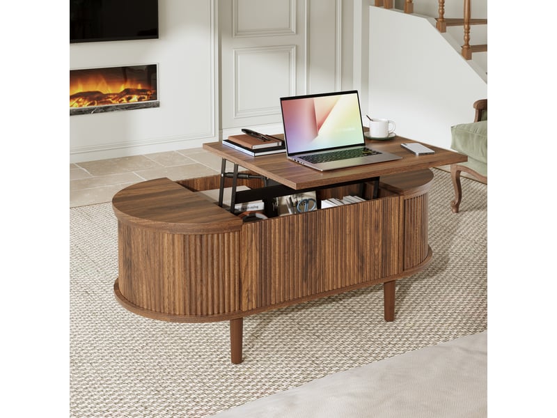  Table basse relevable 97x52x56,5 cm avec coffre de rangement, plateau ajustable, façade ondulée, pieds en bois massif, style rétro, mdf - noyer  - Conforama B