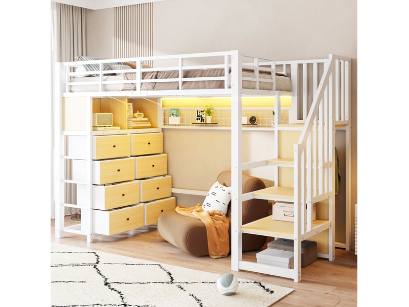  Haut lit 90x200 cmavec 8 tiroirs, led, rangements, escalier intégré, garde-corps, métal mdf, blanc sans matelas  - Conforama D