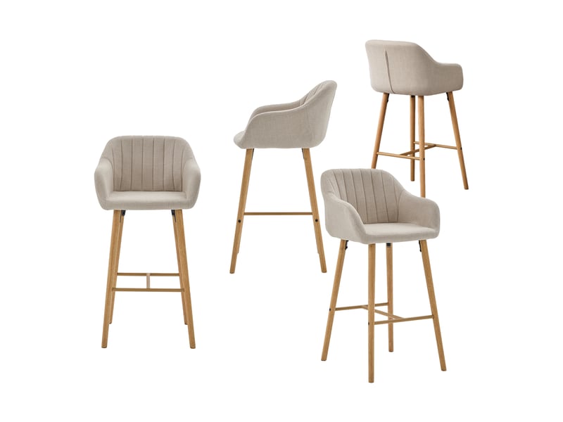  Lot de 4 chaises de bar, siège 75 cm de haut, avec accoudoirs et repose-pieds, pieds en bois massif, beige  - Conforama A
