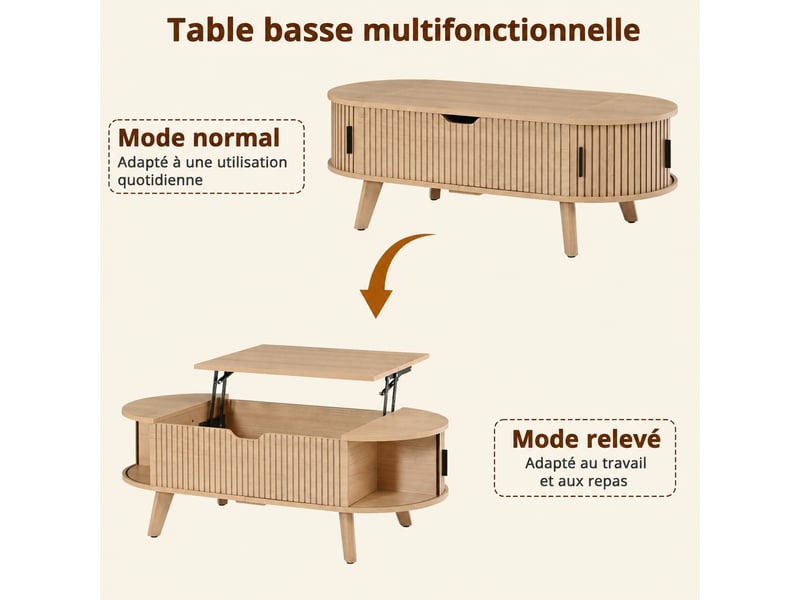 Table basse ovale avec plateau relevable, 110x50 cm, espace de rangement caché et 2 portes coulissantes, couleur naturelle - Conforama D