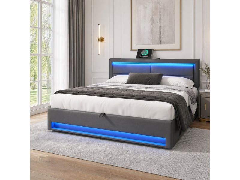  Lit coffre rembourré 160x200 cm gris en pu avec led, recharge usb et rangement  - Conforama B