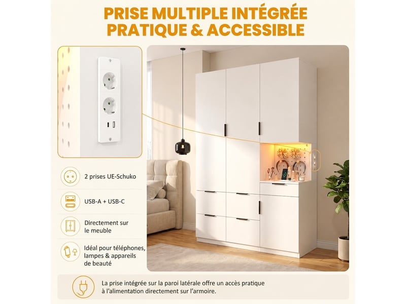  Armoire penderie avec éclairage led et tiroir à bijoux, 90x49x200 cm, blanc et chêne  - Conforama D