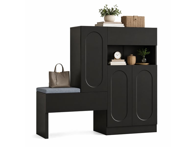  Meuble à chaussures avec banquette et étagères réglables en panneaux de particules 130×35×110 cm noir  - Conforama A