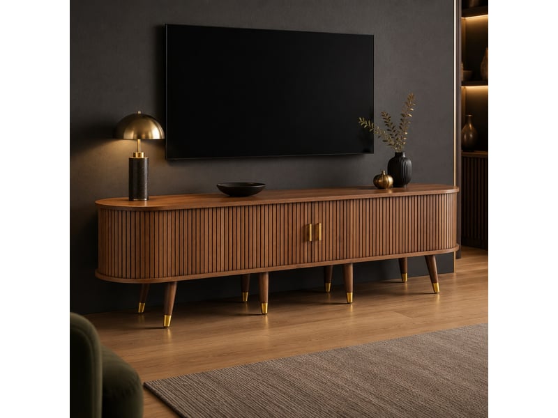 Meuble tv 175 cm avec porte coulissante en rotin, mdf aspect noyer - Conforama C