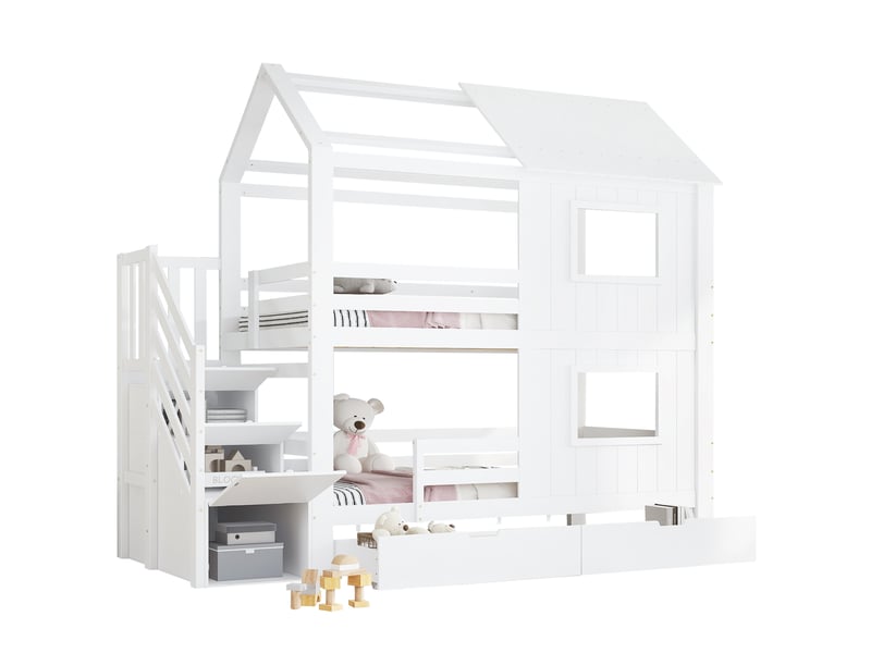 Lit superposé enfant blanc 90 x 200 cm avec escalier de rangement et tiroir à roulettes  - Conforama A