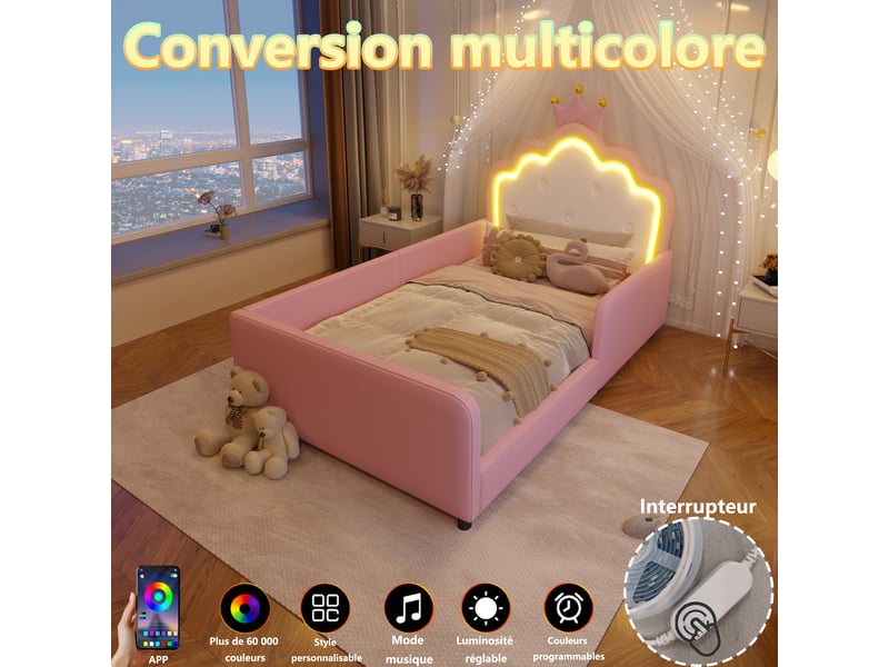 Lit enfant princesse 90 x 190 cm rose en pu avec tête de lit couronne capitonnée, led et barrières latérales rembourrées - Conforama E