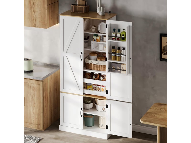  Armoire de cuisine blanche 180 cm, meuble de rangement avec capteur de mouvement, étagères réglables et tiroirs, mdf  - Conforama R