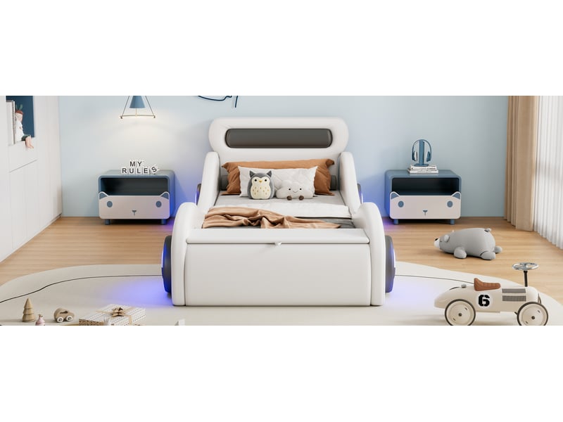  Lit enfant simple 90×200 cm voiture, roues led réglables et rangement - okmyhome- blanc, pu, sans matelas  - Conforama E