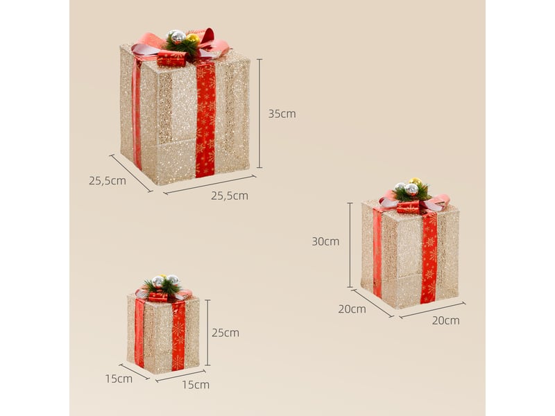  Ensemble de 3 boîtes cadeaux de noël avec 58 lumières led blanc chaud et décorations dorées pour sapin de noël.  - Conforama E