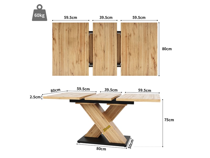  Table extensible à manger 119-158,5x80x75 cm 6 pers, pieds croisés, idéale en cuisine comme au salon, couleur bois clair, en mdf  - Conforama C