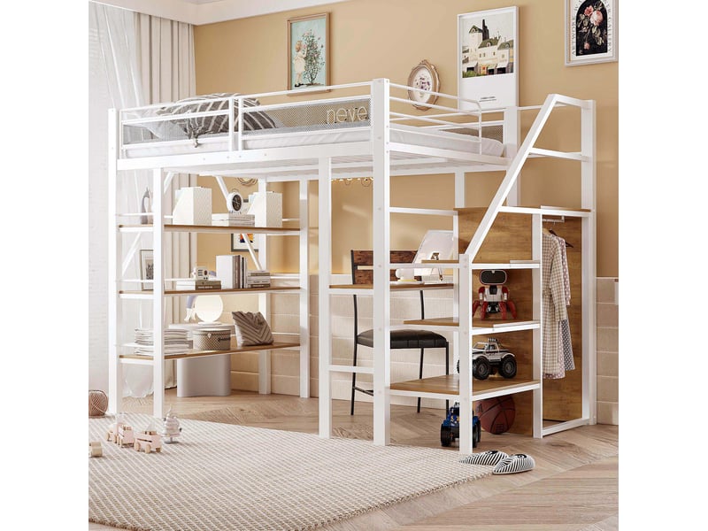  Lit mezzanine 140 x 200 cm blanc avec bureau, étagère et armoire  - Conforama B
