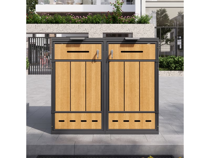 Abri poubelle double en acier avec couvercle rabattable et portes gris effet bois chicfurn - Conforama E