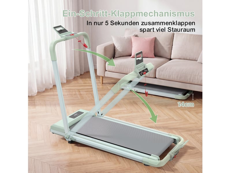  Tapis de course 112,5x50x93,5 cm vert en acier, pliable 3 en 1 pour marche, poste de travail et course  - Conforama E