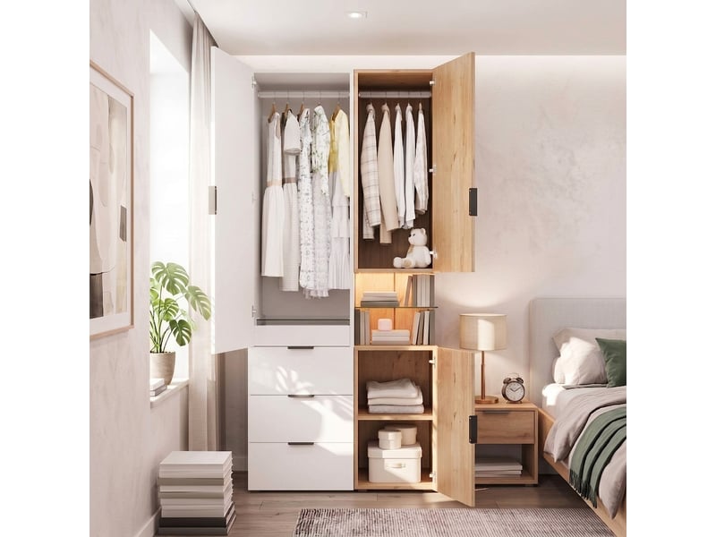  Armoire avec eclairage led et tiroir a bijoux, 90x49x200 cm, blanc et chêne  - Conforama B