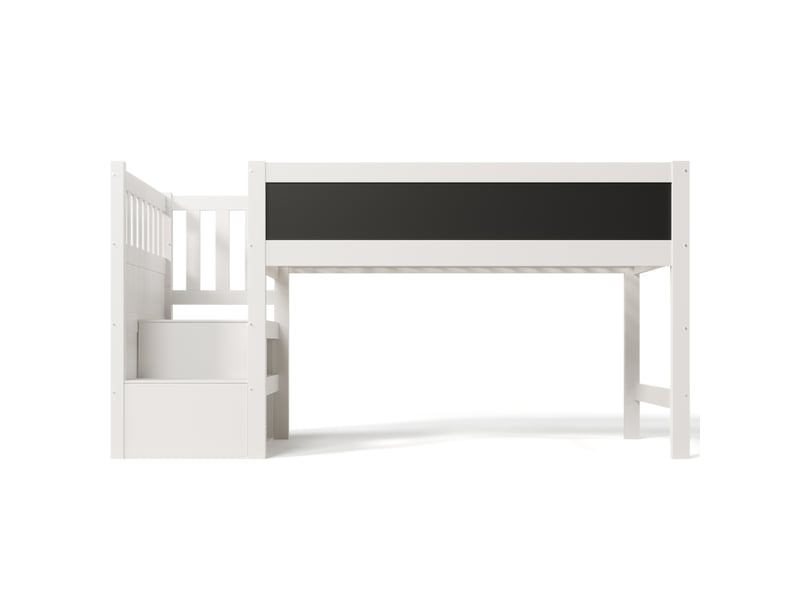  Lit mezzanine enfant 90x200cm- lit mi-hauteur - tableau noirblanc - escalier rangement réversible - garde-corps - lattes - blanc  - Conforama A
