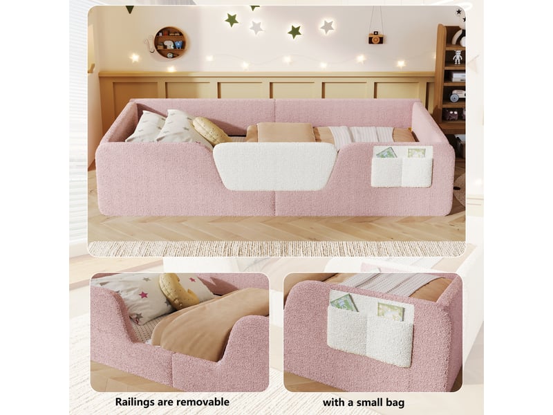  Lit enfant rembourré 90x190 cm rose en velours avec barrière de sécurité amovible, poche de rangement en tissu et lit sans matelas Morn Vibe - Conforama D