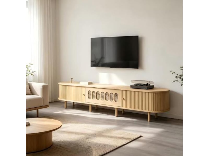  Meuble tv bas ovale avec 2 portes coulissantes et 1 abattant, mdf et rotin, 180 × 40 × 40 cm, bois clair  - Conforama D