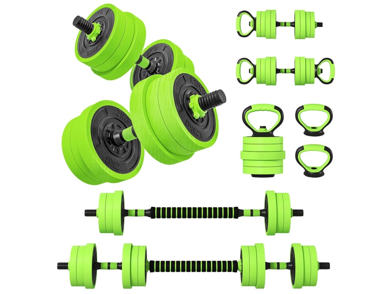  Kit de musculation 4 en 1 de 20 kg, convertible en kettlebell, comprenant 2 haltères, une barre et un support pour pompes, vert.  - Conforama B