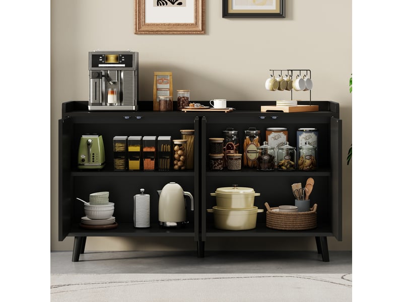 Buffet de cuisine noir 140 x 40 x 84 cm, 4 portes et étagères réglables en mdf - Conforama E