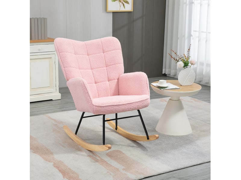  Fauteuil à bascule 71x98x101 cm, dossier haut, accoudoirs, tissu polyester, acier et bois de hêtre, rose  - Conforama B