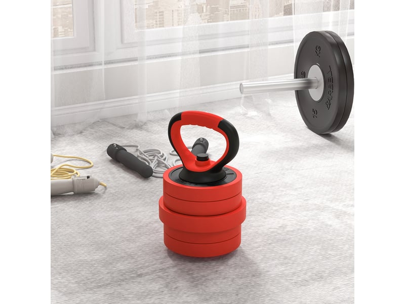 Kit de musculation 4 en 1 de 30 kg, convertible en kettlebell, comprenant 2 haltères, une barre et un support pour pompes, rouge. - Conforama D