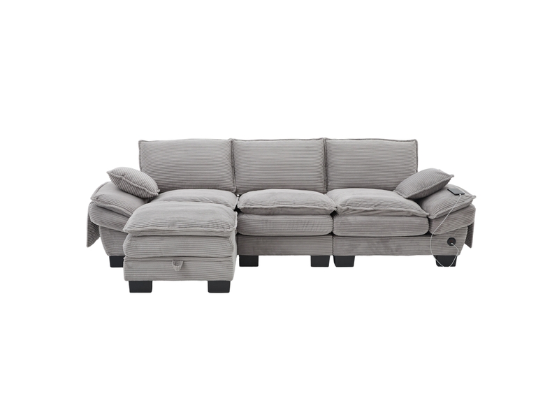  Canapé 3 places modulaire velours côtelé gris clair 260 x 132 x 84 cm avec pouf rangement  - Conforama A