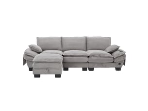 Canapé 3 places modulaire velours côtelé gris clair 260 x 132 x 84 cm avec pouf rangement