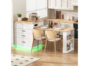 Desserte - avec tiroirs - avec éclairage led - avec port usb - sur roulettes - panneau de fibres de densité moyenne - blanc - pour cuisine