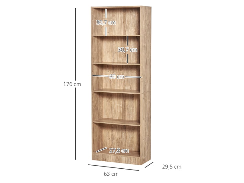  Bibliothèque, étagère de rangement à 5 niveaux avec étagères réglables, 63 x 29,2 x 176 cm, bois naturel  - Conforama E