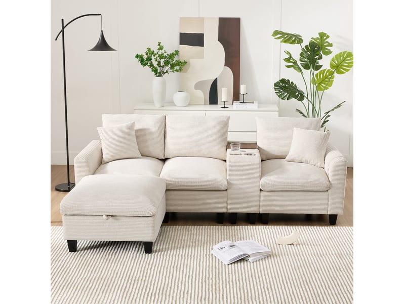  Canapé d'angle convertible 4 places en velours côtelé beige, console usb, pouf coffre pour le salon  - Conforama E