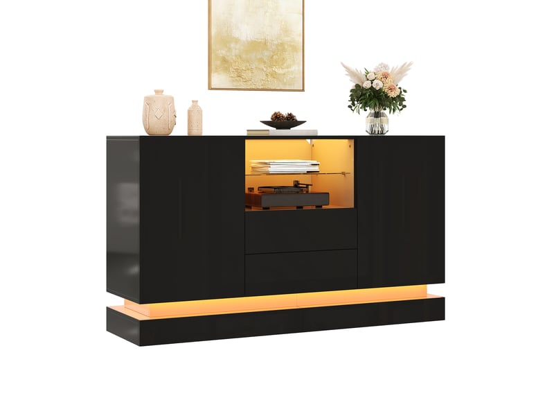  Buffet bas 140x40x84 cm, 2 portes, 2 tiroirs, éclairage led contrôlable par application, panneau de particules, noir  - Conforama A