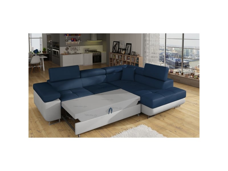  Canapé d'angle convertible menton bleu océan et blanc – angle droit avec coffre  - Conforama D