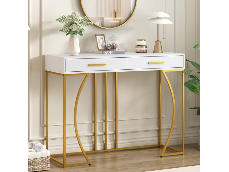 Console à 2 tiroirs, 110 x 32 x 85 cm, mdf + métal, blanc et doré  - Conforama B