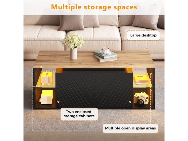 Table basse noire avec led, table de salon moderne 100x50 cm avec 2 portes et rangement, plateau aspect bois, charge 30kg. - Conforama R